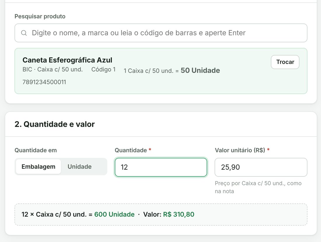 Tela de entrada mostrando 12 caixas convertidas em 600 unidades, valor R$ 310,80