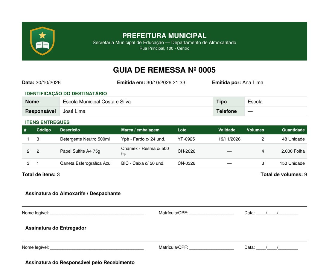 Guia de remessa em PDF com brasão, itens e campos de assinatura
